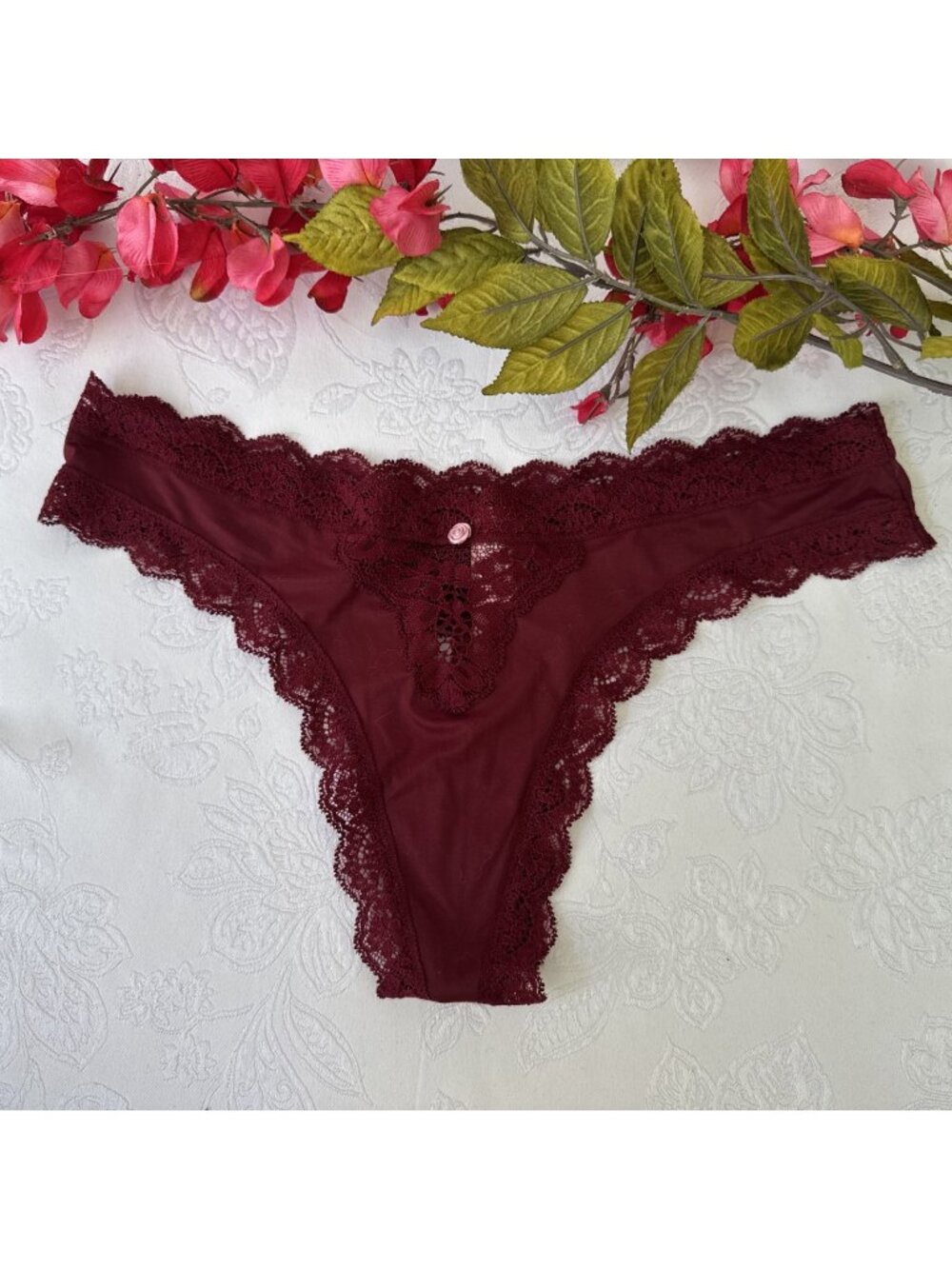 VICTORIA'S SECRET S RED WINE SILKY DREAM ANGELS STRING THONG PANTIES NWT